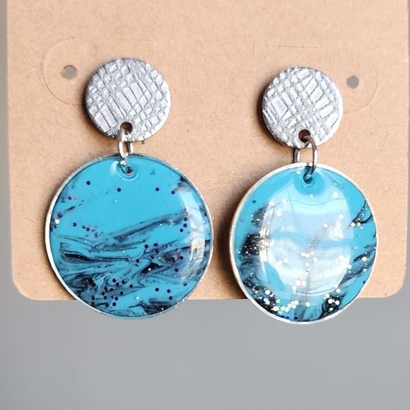 Blue and Silver Clay Post Dangle Earrings - Picture 5 of 6